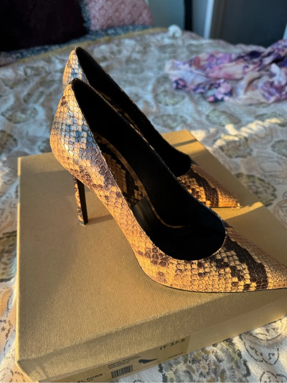 Michael Kors Snake-Print Pointed Toe Stiletto Pump in Brown and Tan